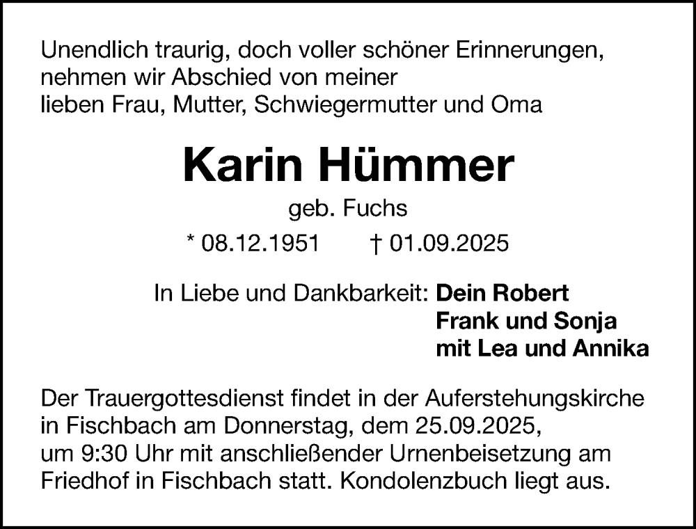  Traueranzeige für Karin Hümmer vom 20.09.2025 aus Gesamtausgabe Nürnberger Nachrichten/ Nürnberger Ztg.