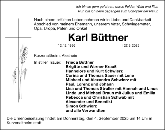 Traueranzeige von Karl Büttner von Altmühl-Bote Lokal
