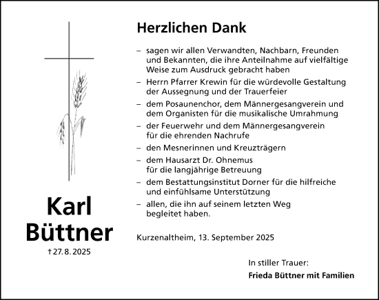 Traueranzeige von Karl Büttner von Altmühl-Bote Lokal
