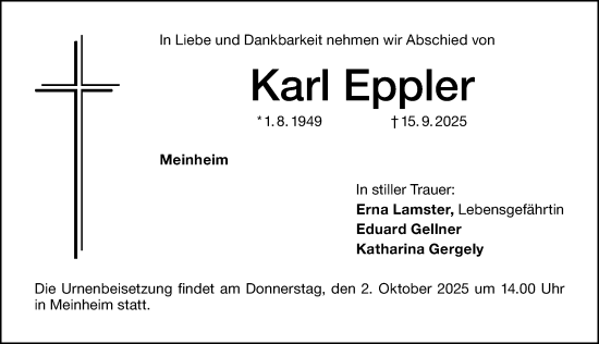 Traueranzeige von Karl Eppler von Altmühl-Bote Lokal