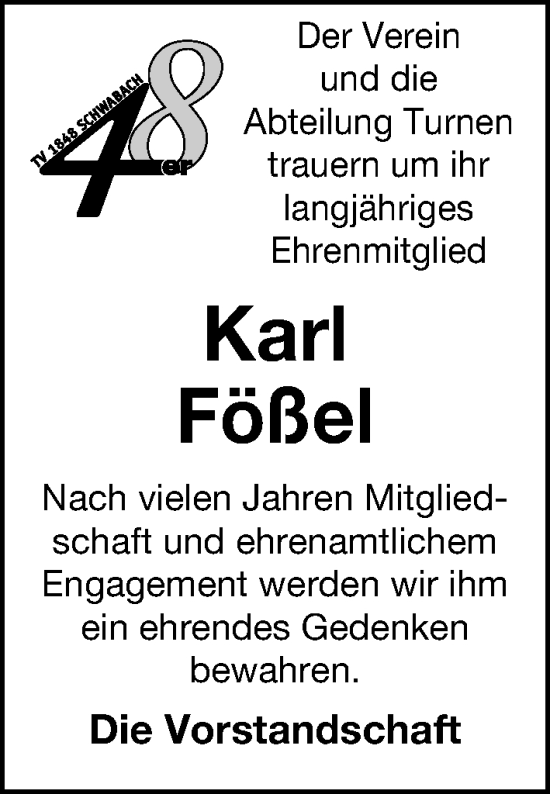 Traueranzeige von Karl Fößel von Schwabacher Tagblatt Lokal