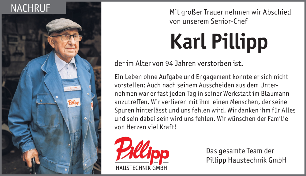  Traueranzeige für Karl Pillipp vom 27.09.2025 aus Erlanger Nachrichten Lokal