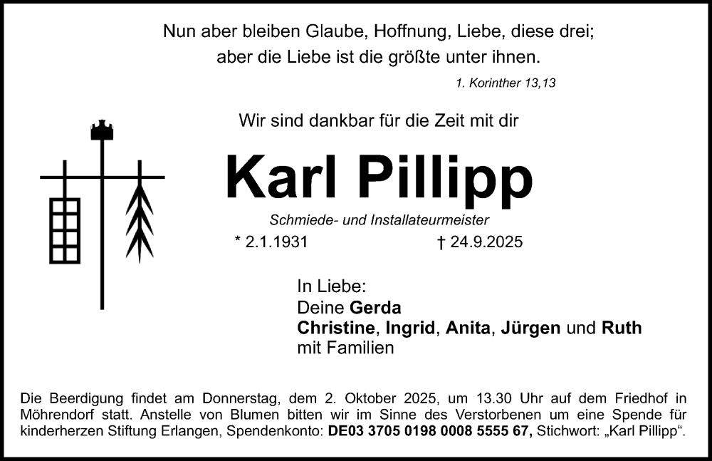  Traueranzeige für Karl Pillipp vom 27.09.2025 aus Erlanger Nachrichten Lokal