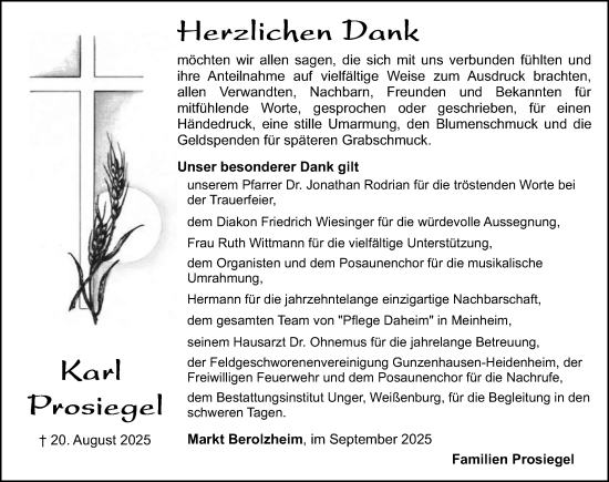 Traueranzeige von Karl Prosiegel von Altmühl-Bote Lokal