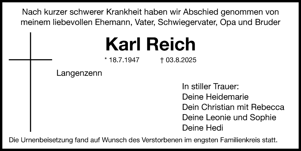  Traueranzeige für Karl Reich vom 02.09.2025 aus Fürther Nachrichten Lokal