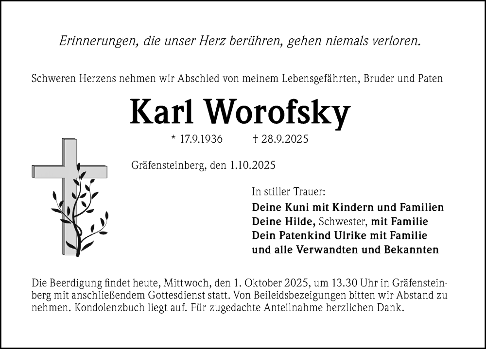  Traueranzeige für Karl Worofsky vom 01.10.2025 aus Altmühl-Bote Lokal