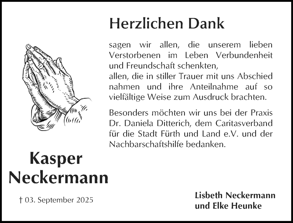  Traueranzeige für Kasper Neckermann vom 27.09.2025 aus Fürther Nachrichten Lokal