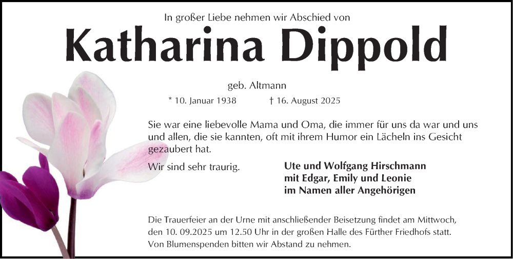  Traueranzeige für Katharina Dippold vom 06.09.2025 aus Fürther Nachrichten Lokal