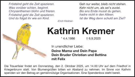 Traueranzeige von Kathrin Kremer von Erlanger Nachrichten Lokal