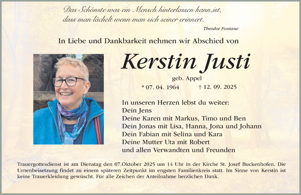  Traueranzeige für Kerstin Justi vom 27.09.2025 aus Nordbayerische Nachrichten Forchheim Lokal