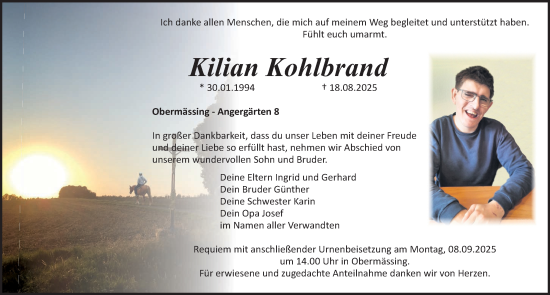 Traueranzeige von Kilian Kohlbrand von Roth-Hilpoltsteiner Volkszeitung Lokal