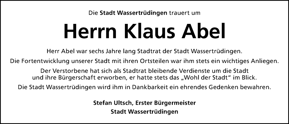  Traueranzeige für Klaus Abel vom 26.09.2025 aus Altmühl-Bote Lokal