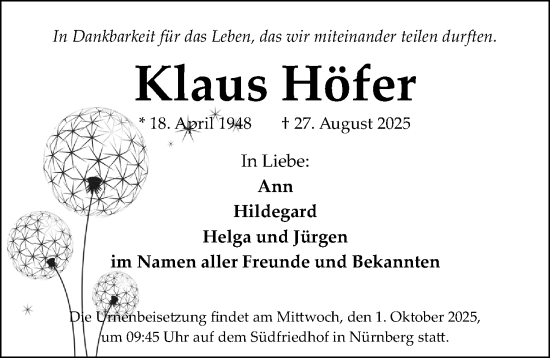 Traueranzeige von Klaus Höfer von Gesamtausgabe Nürnberger Nachrichten/ Nürnberger Ztg.