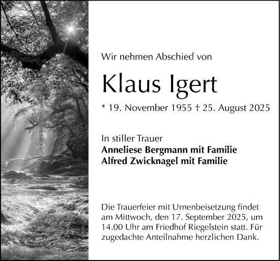 Traueranzeige von Klaus Igert von Nordbayerische Nachrichten Pegnitz Lokal