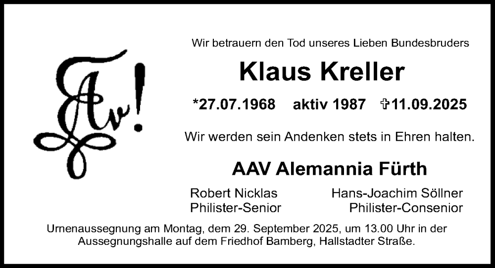  Traueranzeige für Klaus Kreller vom 27.09.2025 aus Fürther Nachrichten Lokal