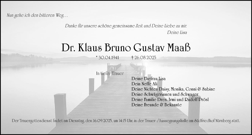  Traueranzeige für Klaus Bruno Gustav Maaß vom 13.09.2025 aus Gesamtausgabe Nürnberger Nachrichten/ Nürnberger Ztg.