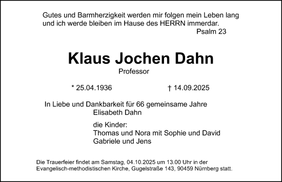 Traueranzeige von Klaus Jochen Dahn von Gesamtausgabe Nürnberger Nachrichten/ Nürnberger Ztg.