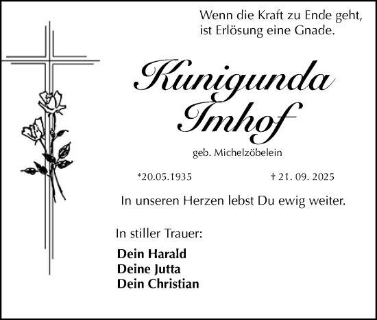 Traueranzeige von Kunigunda Imhof von Gesamtausgabe Nürnberger Nachrichten/ Nürnberger Ztg.