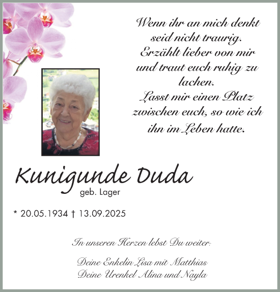 Traueranzeige von Kunigunde Duda von Erlanger Nachrichten Lokal