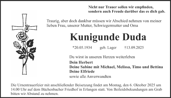 Traueranzeige von Kunigunde Duda von Erlanger Nachrichten Lokal