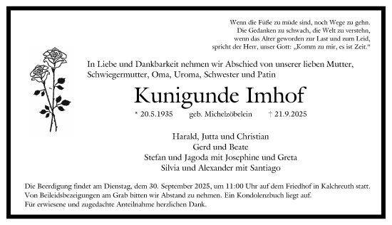 Traueranzeige von Kunigunde Imhof von Gesamtausgabe Nürnberger Nachrichten/ Nürnberger Ztg.