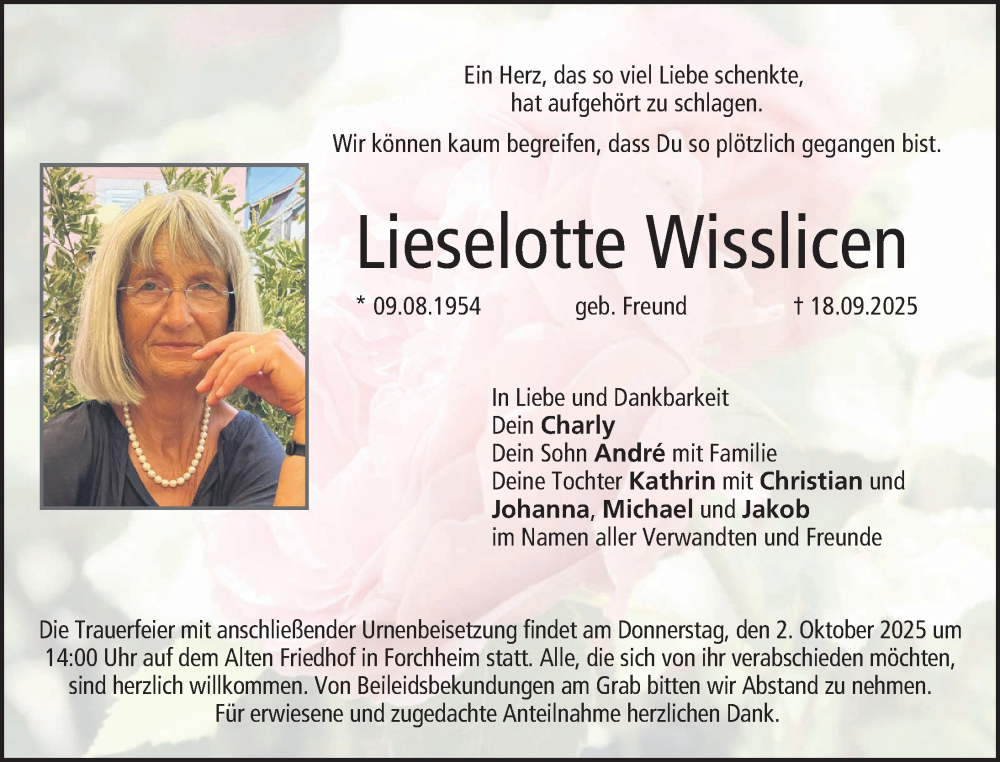  Traueranzeige für Lieselotte Wisslicen vom 27.09.2025 aus Nordbayerische Nachrichten Forchheim Lokal