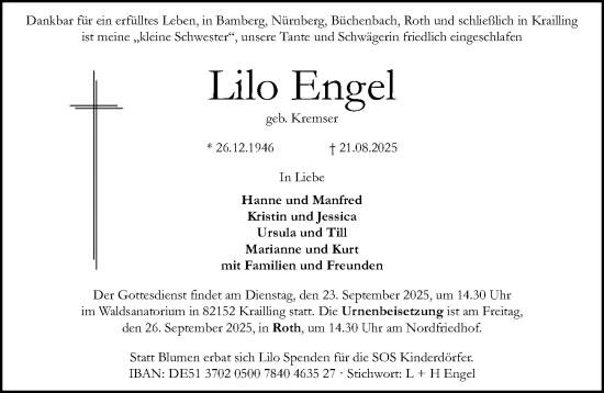 Traueranzeige von Lilo Engel von Roth-Hilpoltsteiner Volkszeitung Lokal