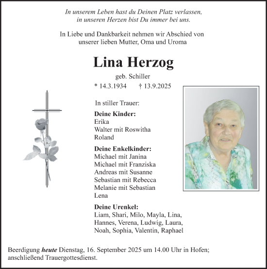 Traueranzeige von Lina Herzog von Neumarkter Nachrichten Lokal