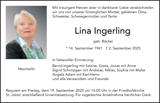 Traueranzeige von Lina Ingerling von Neumarkter Nachrichten Lokal