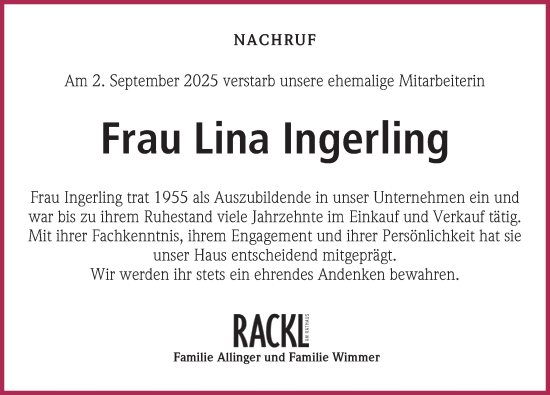 Traueranzeige von Lina Ingerling von Neumarkter Nachrichten Lokal