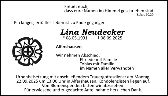 Traueranzeige von Lina Neudecker von Roth-Hilpoltsteiner Volkszeitung Lokal