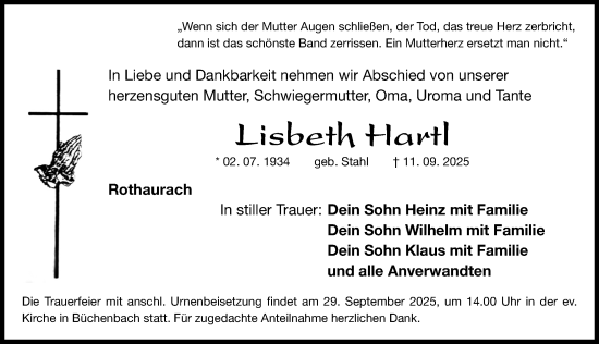 Traueranzeige von Lisbeth Hartl von Roth-Hilpoltsteiner Volkszeitung Lokal