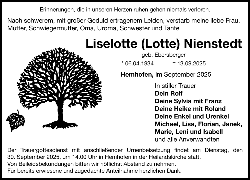  Traueranzeige für Liselotte Nienstedt vom 30.09.2025 aus Nordbayerische Nachrichten Herzogenaurach Lokal