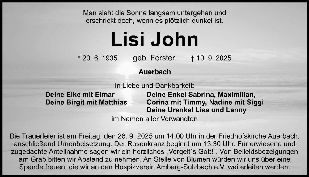  Traueranzeige für Lisi John vom 13.09.2025 aus Nordbayerische Nachrichten Pegnitz Lokal
