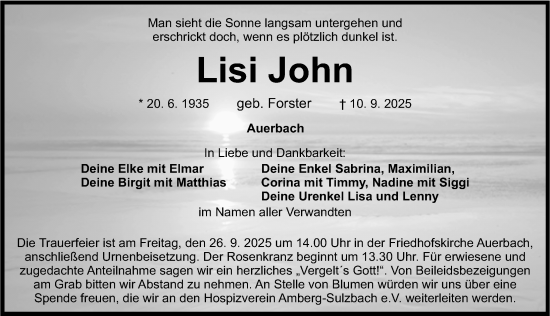 Traueranzeige von Lisi John von Nordbayerische Nachrichten Pegnitz Lokal
