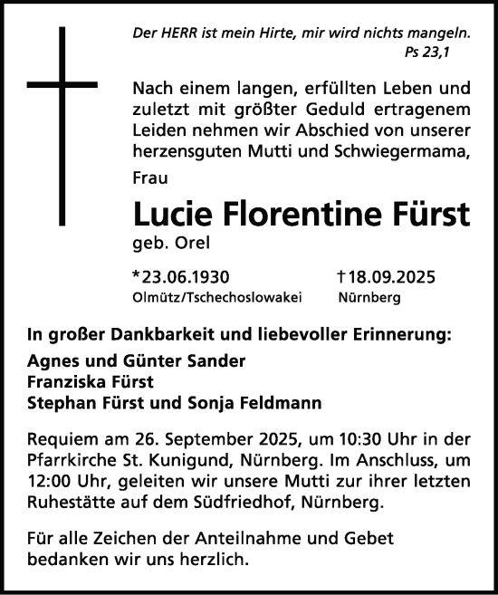 Traueranzeige von Lucie Florentine Fürst von Gesamtausgabe Nürnberger Nachrichten/ Nürnberger Ztg.