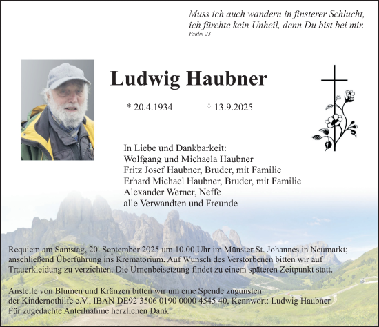 Traueranzeige von Ludwig Haubner von Neumarkter Nachrichten Lokal