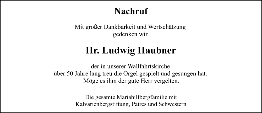  Traueranzeige für Ludwig Haubner vom 19.09.2025 aus Neumarkter Nachrichten Lokal