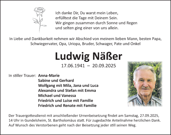 Traueranzeige von Ludwig Näßer von Altmühl-Bote Lokal