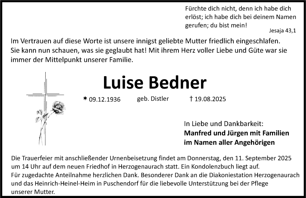  Traueranzeige für Luise Bedner vom 06.09.2025 aus Nordbayerische Nachrichten Herzogenaurach Lokal