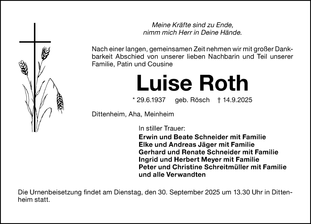  Traueranzeige für Luise Roth vom 27.09.2025 aus Altmühl-Bote Lokal