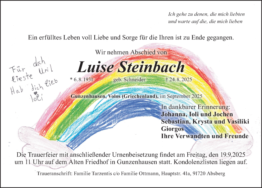  Traueranzeige für Luise Steinbach vom 13.09.2025 aus Altmühl-Bote Lokal