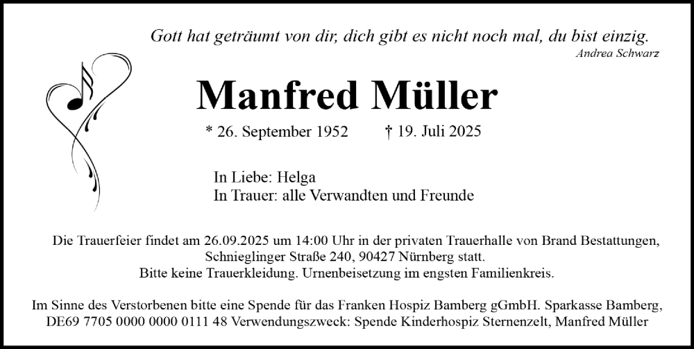  Traueranzeige für Manfred Müller vom 20.09.2025 aus Gesamtausgabe Nürnberger Nachrichten/ Nürnberger Ztg.
