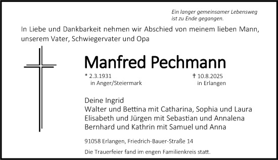 Traueranzeige von Manfred Pechmann von Erlanger Nachrichten Lokal