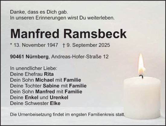 Traueranzeige von Manfred Ramsbeck von Gesamtausgabe Nürnberger Nachrichten/ Nürnberger Ztg.