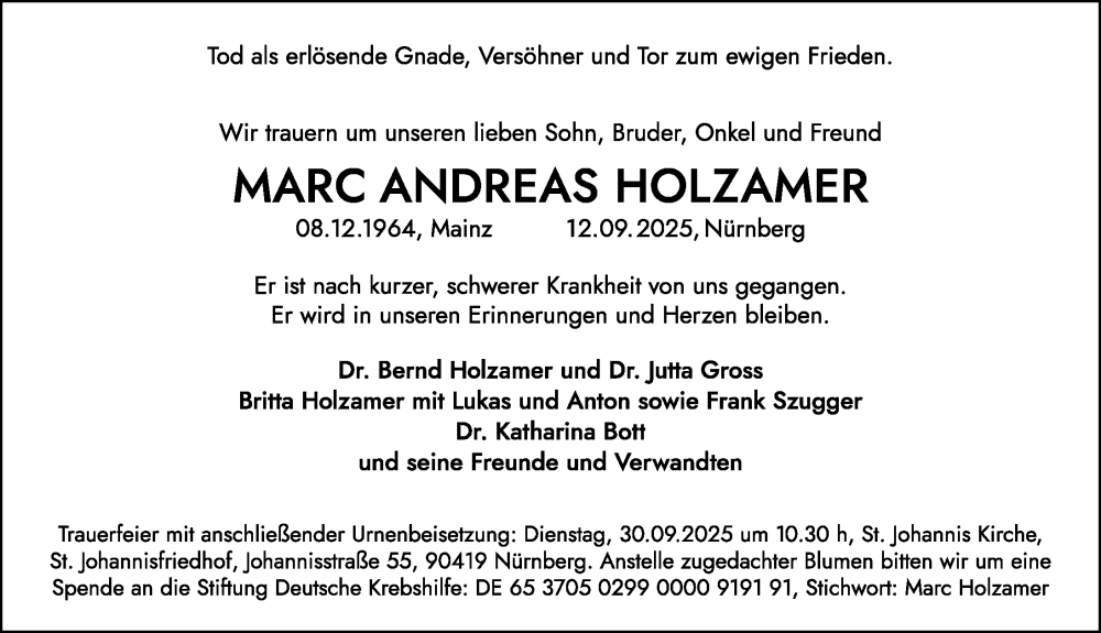  Traueranzeige für Marc Andreas Holzamer vom 20.09.2025 aus Gesamtausgabe Nürnberger Nachrichten/ Nürnberger Ztg.