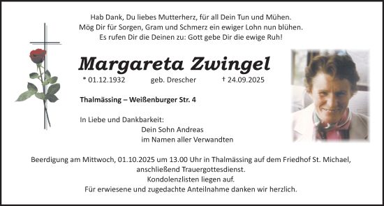 Traueranzeige von Margareta Zwingel von Roth-Hilpoltsteiner Volkszeitung Lokal