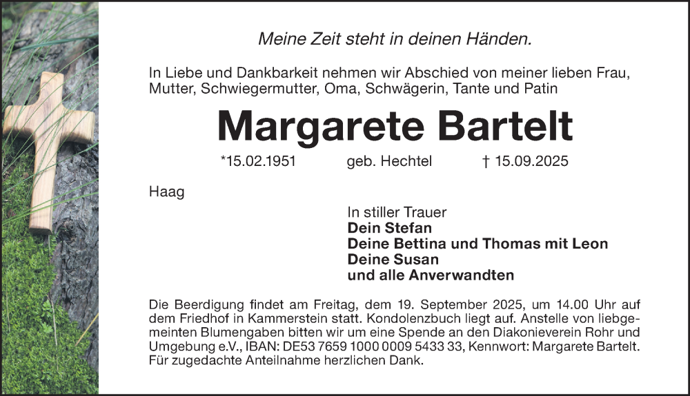 Traueranzeige für Margarete Bartelt vom 17.09.2025 aus Schwabacher Tagblatt Lokal
