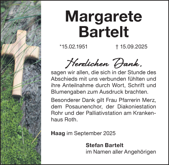 Traueranzeige von Margarete Bartelt von Schwabacher Tagblatt Lokal