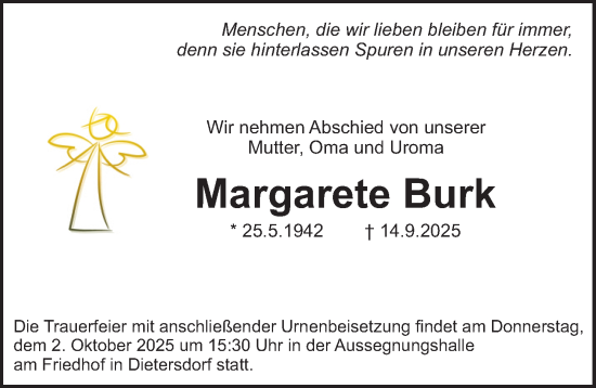 Traueranzeige von Margarete Burk von Schwabacher Tagblatt Lokal